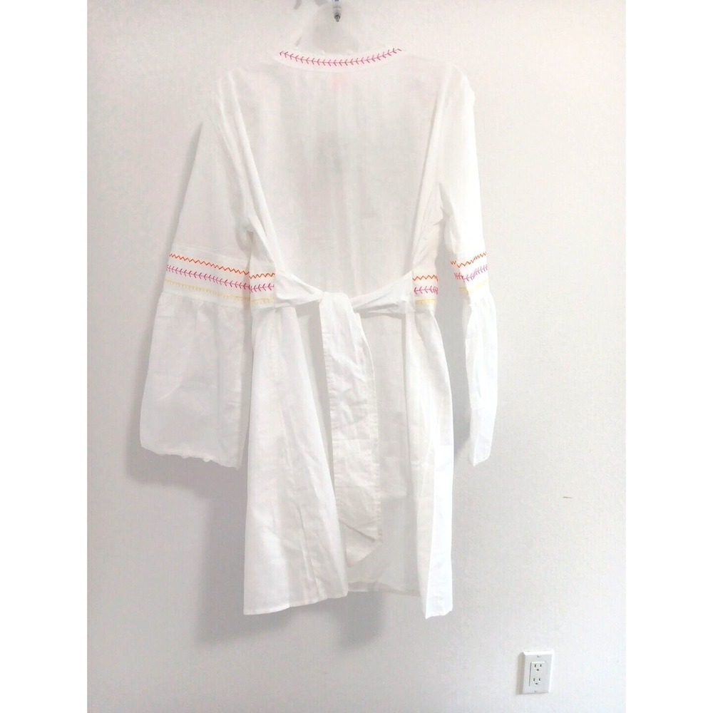 NEW Boho Tunic Mini Dress Womens XL White Cotton Pink Embroidery DEEP V Beachy - Picture 5 of 13